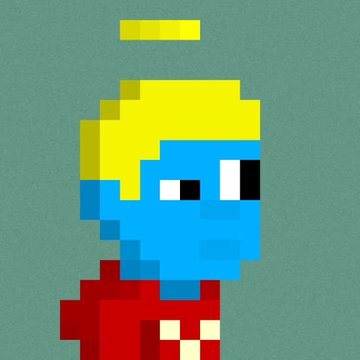 Pixel art character with blue skin, blonde hair, and a red shirt on a teal background.