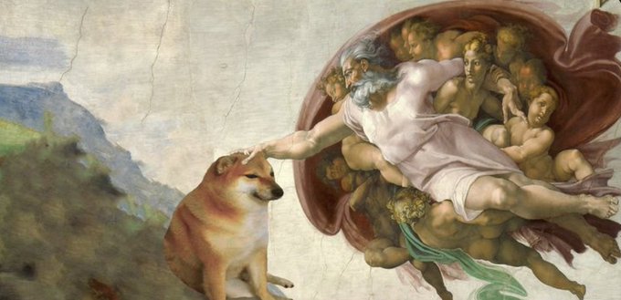 ersa, the goddess of love and beauty, is depicted with a dog on her shoulder, surrounded by angels and humans in a religious painting.