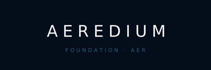 A minimalist logo design displays the word "AEREDIUM" in large white letters above the smaller subtitle "FOUNDATION · AER" against a dark navy blue background.