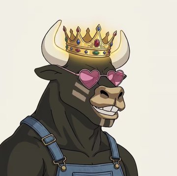 A cartoon illustration of a black bull wearing denim overalls, heart-shaped pink sunglasses, and a jeweled gold crown.