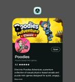 The image shows a mobile game app listing for "Poodies" from the "Adventures" series, featuring playful cartoon graphics with a character flying a kite, and a description noting it as a "charming" collection of physics-based mini-games. This relates to the post praising a new casual physics-based game that offers a refreshing experience without any pay-to-win or earning elements, aligning with the "purely for fun" nature of the Poodies app shown.