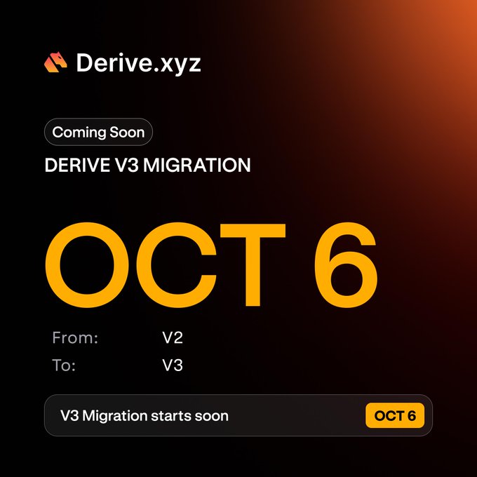 An announcement from Derive.xyz (ticker $DRV) promoting their upcoming "DERIVE V3 MIGRATION" launching October 6th, upgrading from V2 to V3 on Ethereum. The post highlights that the onchain options market leader chose Ethereum's network for this significant V3 upgrade, reinforcing Ethereum's appeal to serious builders and investors.