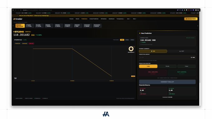 A dark-themed dashboard interface from 'JCtrader' showing BTCNB at 118.351682 BNB with a downward trending chart and a 'New Prediction' panel.