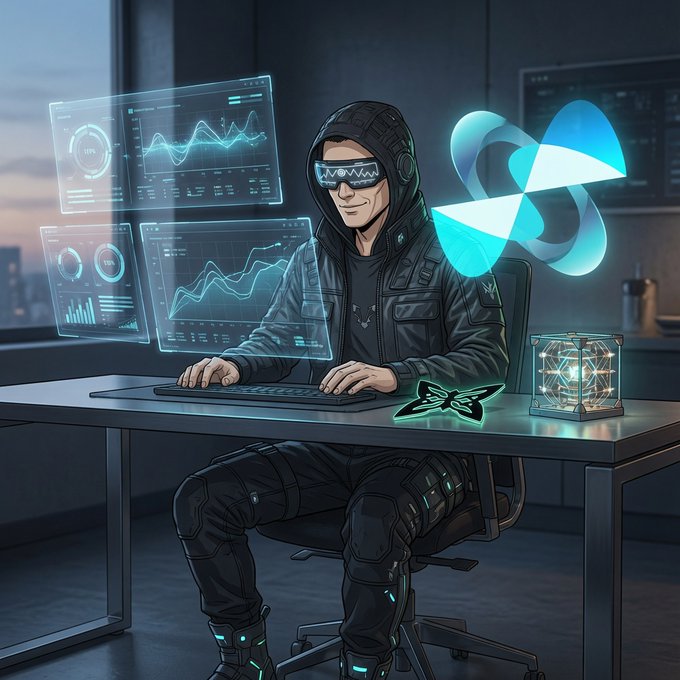 A digital illustration of a person wearing a hooded jacket and futuristic digital sunglasses, sitting at a desk with holographic screens displaying data graphs, accompanied by a glowing blue butterfly and abstract shapes.