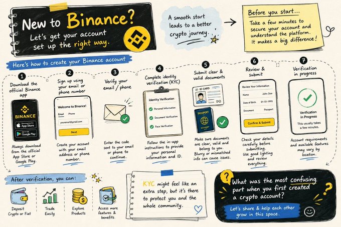 The image is an illustrated infographic titled "New to Binance? Let's get your account set up the right way," outlining a 7-step process for creating a Binance account: downloading the official app, signing up with email or phone, verifying contact info, completing identity verification (KYC), submitting clear documents, reviewing and submitting details, and waiting for verification approval. It also features post-verification benefits (deposit, trade, explore, access features) and a note encouraging users not to rush the setup process. The infographic visually complements the post's advice to take crypto account setup step-by-step, starting with downloading the official Binance app.