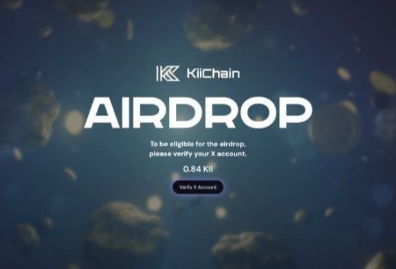 A KiiChain AIRDROP promotional screen showing '0.84 KII' with a 'Verify X Account' button against a dark blue background with floating bokeh effects.