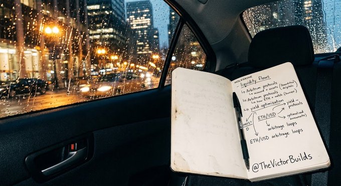 A notebook open in the backseat of a car on a rainy city night displays handwritten notes about "Liquidity Flows" including ETH/USD pairs, arbitrage loops, and yield optimization, bearing the watermark "@TheVictorBuilds"—visually evoking the post's theme of tracking market strategy during a period of significant token unlocks and liquidity shifts.
