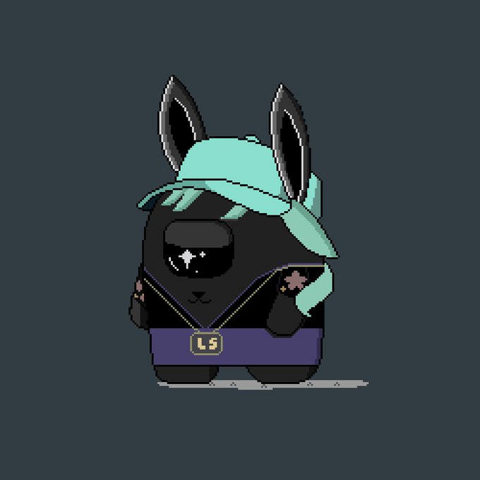 A pixel art black rabbit character with long ears, wearing a turquoise bandana and a purple belt featuring a gold "LS" buckle, with a starry sparkle in its eye—representing the Gloombles NFT collection being given away at 0.005E on ETH mainnet.