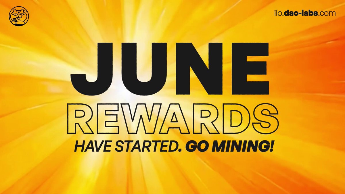 The image features a bright yellow background with the text "June rewards" written in black letters. The text is positioned above an orange sunburst effect that radiates outwards, creating a sense of warmth and energy. Below the sunburst, there's white text that reads "Have started. Go mining!".
