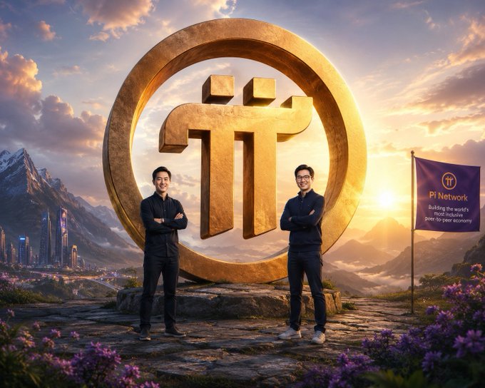 Two men stand confidently with arms crossed before a massive golden "π" Pi Network emblem set against a dramatic mountain sunset, while a purple Pi Network flag beside them reads "Building the world's most inclusive peer-to-peer economy," visually reinforcing the post's message that Pi is quietly building toward mainstream recognition.
