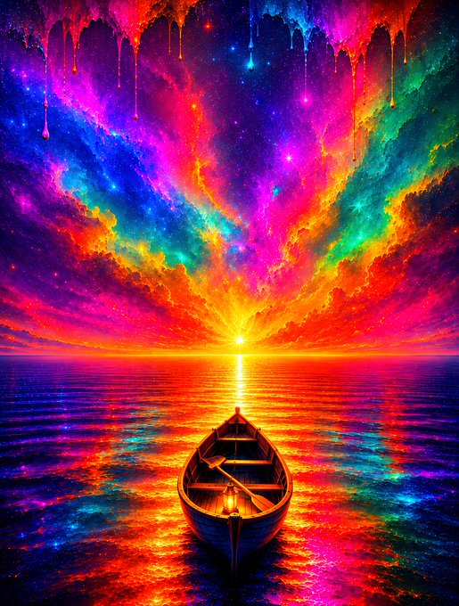 A vibrant, psychedelic digital artwork showing a small wooden rowboat floating on a sea of neon colors beneath a swirling, multicolored cosmic sky with a bright sun on the horizon.