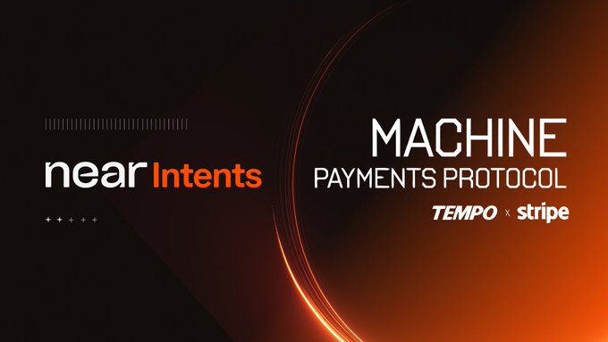 A dark promotional banner with red accents featuring the text 'near Intents' and 'MACHINE PAYMENTS PROTOCOL TEMPO x stripe'.