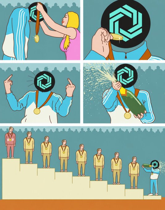 A comic-style illustration shows a figure whose head is a crypto token receiving a medal and popping a champagne bottle, then spraying it toward a line of medalists on a podium.