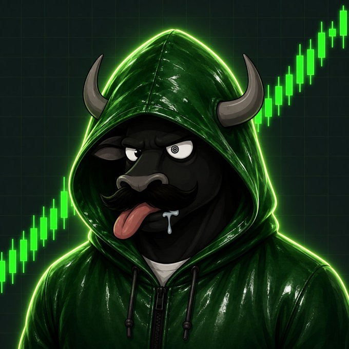 A cartoon-style illustration of a black bull wearing a green hoodie, featuring a tongue sticking out and drool, set against a background of green rising stock market candlesticks.