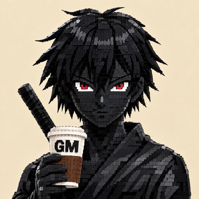 A stylized 3D LEGO-brick rendering of an anime character with spiky black hair and red eyes, wearing a black outfit and holding a coffee cup labeled 'GM'.