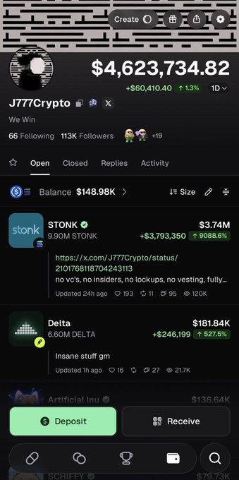 The image shows a Pump.fun profile for "J777Crypto" displaying a portfolio balance of $148.98K, with $TONK leading at $3.74M (+9088.6%), $DELTA at $181.84K (+527.5%), and Artificial Inu at $136.64K, aligning with the post where the user celebrates surpassing 100k followers and addresses inquiries about their STONK holdings and take-profit plans.