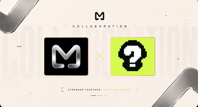 A promotional graphic for a collaboration between two logos, one being a silver 'M' and the other a green pixelated skull with a question mark, under the text 'COLLABORATION' and 'STRONGER TOGETHER, BUILDING BEYOND'.