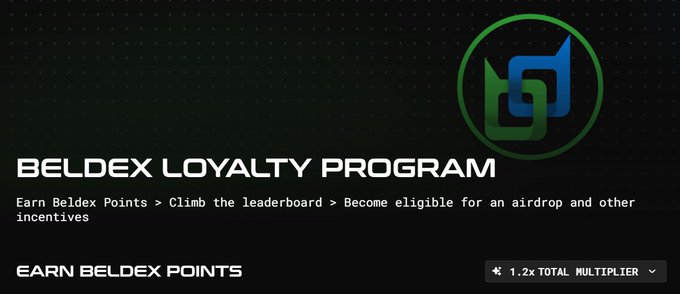 The image is a promotional banner for the "BELDEX LOYALTY PROGRAM," featuring the Beldex logo and text that reads "Earn Beldex Points > Climb the leaderboard > Become eligible for an airdrop and other incentives," along with a "1.2x TOTAL MULTIPLIER" indicator. The banner directly relates to the post, which advertises a new Beldex loyalty campaign and encourages users to join via a referral link to earn instant points.