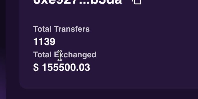 A dark purple screenshot showing transaction statistics with text reading 'Total Transfers 1139' and 'Total Exchanged $ 155500.03'.