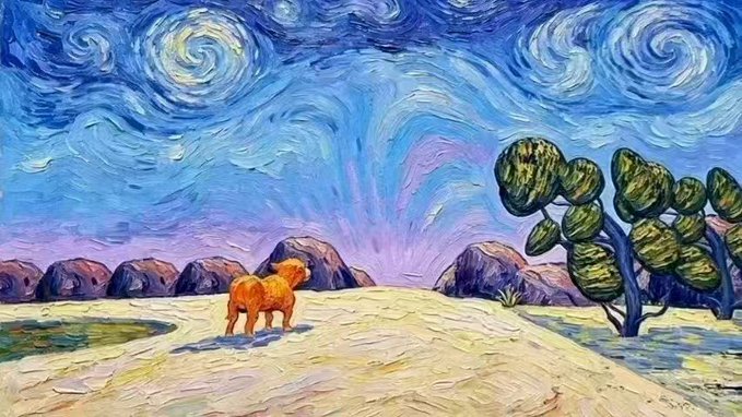A painting styled after Van Gogh's 'Starry Night' features swirling blue skies over a desert landscape, with a fluffy orange dog standing in the center and a cactus to the right.