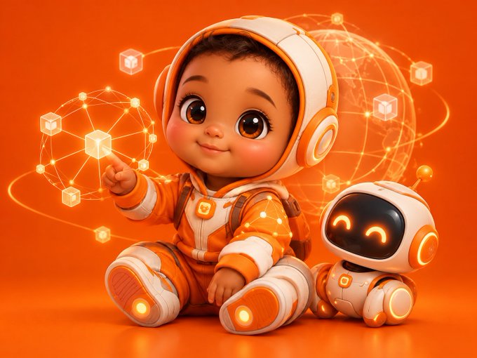 A digital illustration of a baby wearing an orange and white astronaut suit and helmet, sitting next to a small robot companion against a vibrant orange background with glowing network nodes and cubes.