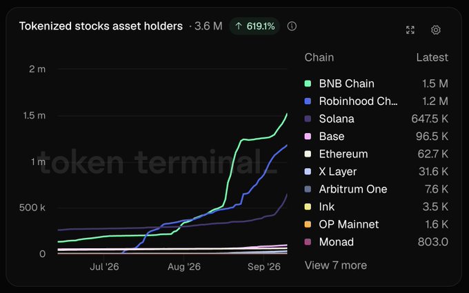 A Token Terminal chart showing tokenized stocks asset holders growing to 3.6M, a 619.1% increase, with BNB Chain leading at 1.5M, followed by Robinhood Chain (1.2M) and Solana (647.5K).