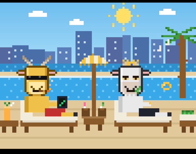 A pixel art illustration depicting two characters, a brown cow-like figure and a white sheep-like figure, lounging on beach chairs under a sunny sky with a city skyline and palm trees in the background.