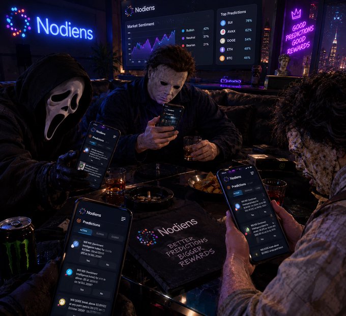Promotional artwork for 'Nodiens' showing horror movie characters like Ghostface, Michael Myers, and Leatherface using smartphones to view crypto predictions and market sentiment in a neon-lit lounge.