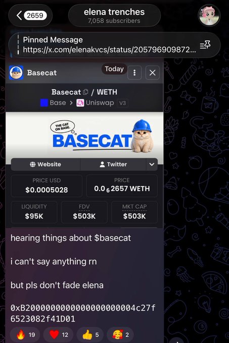 A screenshot from the Telegram channel "elena trenches" (7,058 subscribers) displays a pinned Basecat token card showing $Basecat trading at $0.0005028 and 0.0₆2657 WETH, with a liquidity of $95K, FDV of $503K, and market cap of $503K. The accompanying message teases "hearing things about $basecat" with a cryptic wallet address "0xB20000000000000000000004c27f6523082f41D01," referencing Elena's early call on Basecat that grew from $520K to $17M as mentioned in the post.