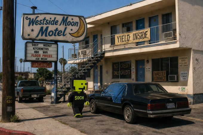 The image shows a pixelated character in a black and yellow hoodie with '$0CH' on the chest standing outside the 'Westside Moon Motel,' which has signs for 'YIELD INSIDE,' 'NO CREDIT ONLY CREDIT,' and 'VACANCY.'