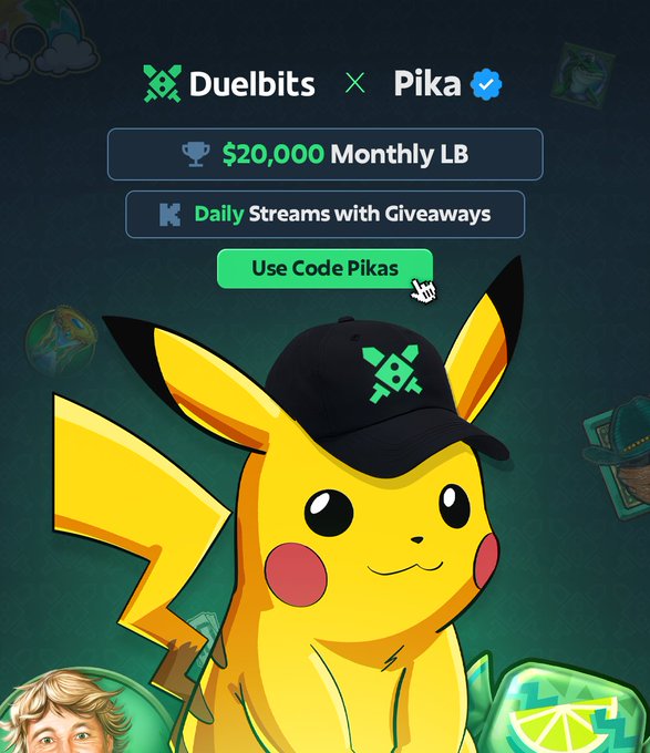 The image is a promotional graphic announcing the "Duelbits x Pika" partnership, featuring a Pikachu character wearing a Duelbits cap, with text highlighting a "$20,000 Monthly LB," "Daily Streams with Giveaways," and a "Use Code Pikas" button. It visually reinforces the post's announcement of becoming a Duelbits Ambassador by promoting the leaderboard and giveaway details using the Pikachu mascot.