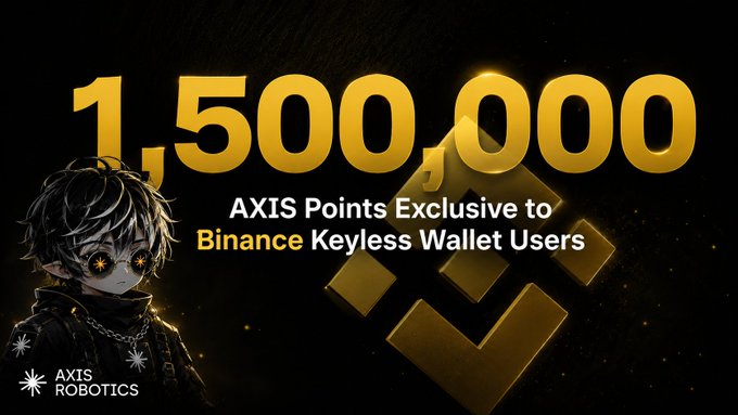 A promotional graphic featuring an anime-style character with golden eyes, advertising '1,500,000 AXIS Points Exclusive to Binance Keyless Wallet Users' for 'AXIS ROBOTICS'.