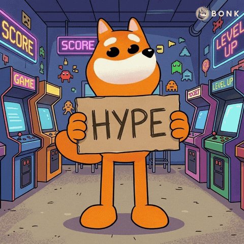 urn of gold coins, a sign reading "BONK" and "SCORE SCORE", and a cartoon dog holding a brown cardboard sign with the word "HYPE".