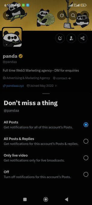A mobile screenshot of the X (Twitter) profile for 'panda @pandaa', showing notification settings with 'All Posts' selected and a panda-themed banner.