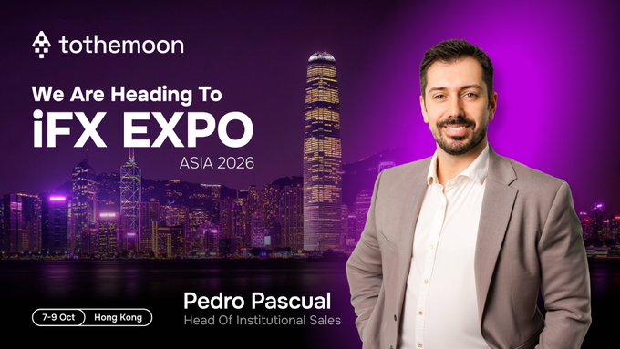 A promotional graphic for tothemoon announcing 'We Are Heading To iFX EXPO ASIA 2026' in Hong Kong from 7-9 Oct, featuring Pedro Pascual, Head of Institutional Sales, against the Hong Kong skyline.