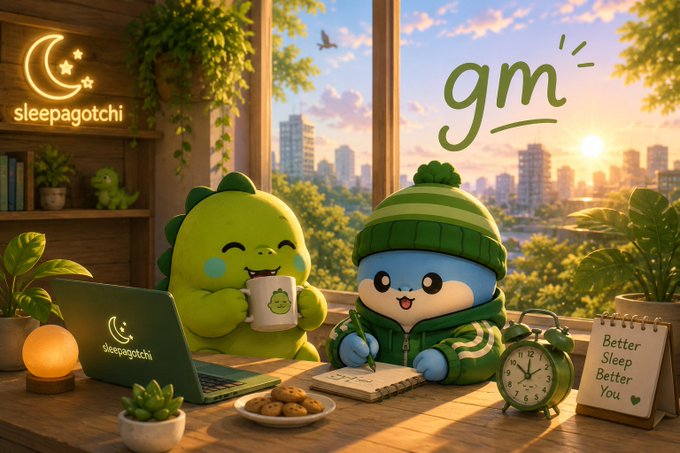 A digital illustration featuring a green dinosaur character and a blue character in a beanie at a desk with a "sleepagotchi" laptop, a notepad, cookies, and a "gm" greeting by the window.