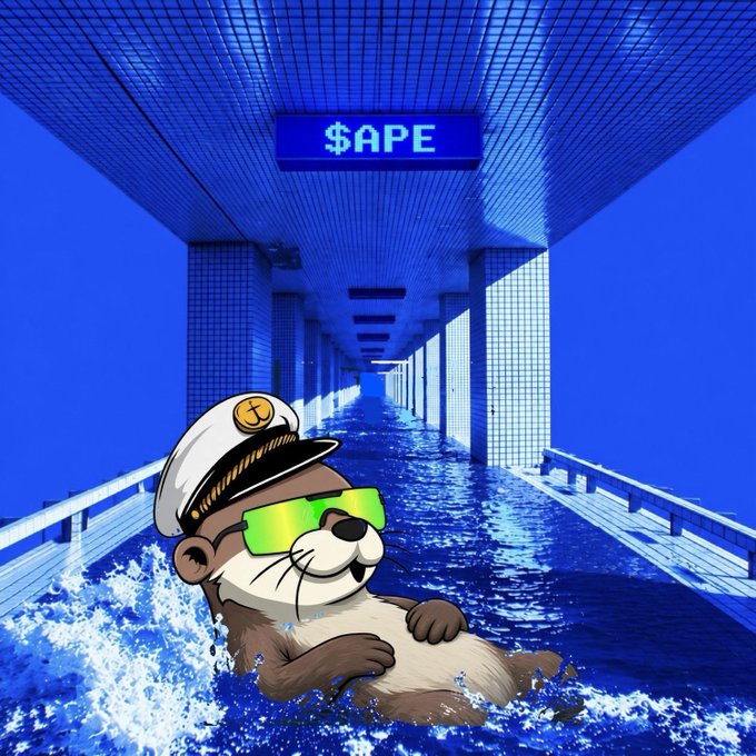 An illustration of an otter wearing a captain's hat and green sunglasses floating in a flooded blue tiled tunnel, with a '$APE' neon sign overhead.
