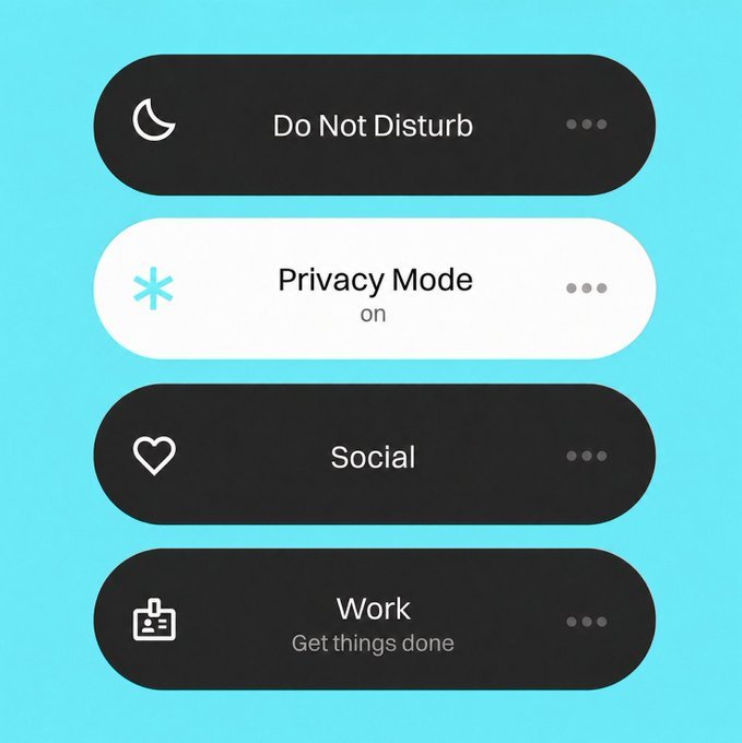 A screenshot shows four rounded toggle buttons on a teal background: "Do Not Disturb" (moon icon), "Privacy Mode on" (asterisk icon, highlighted in white), "Social" (heart icon), and "Work - Get things done" (briefcase icon). The image relates to the post by visually representing "modes" or settings—much like Fully Homomorphic Encryption (FHE) allows data to remain "locked" while computations are still performed on it, the "Privacy Mode on" toggle illustrates how a locked state can still enable functionality.