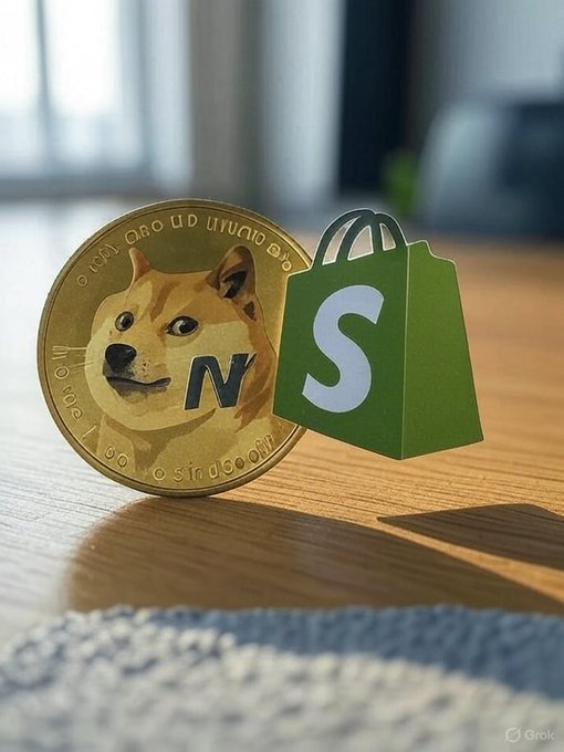 A Dogecoin coin featuring the Shiba Inu logo rests beside a green Shopify shopping bag icon, symbolizing that DOGE (ticker: DOGE) is now accepted as a payment method by Shopify (ticker: SHOP), one of the largest e-commerce platforms. This visual pairing reinforces the post's message about Dogecoin's growing mainstream adoption for online checkout transactions.