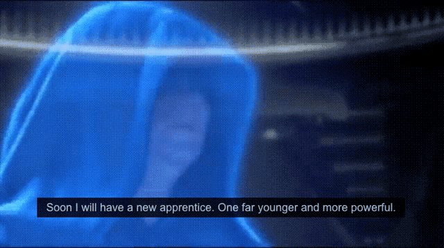 A screenshot from a Star Wars video game or film showing a hooded blue-tinted figure with subtitle text: 'Soon I will have a new apprentice. One far younger and more powerful.'