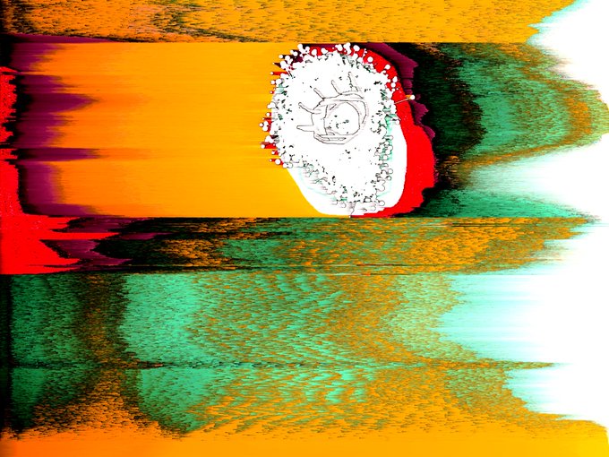 A piece of abstract digital glitch art featuring a distorted, white, face-like figure surrounded by smeared horizontal bands of orange, red, green, and black.