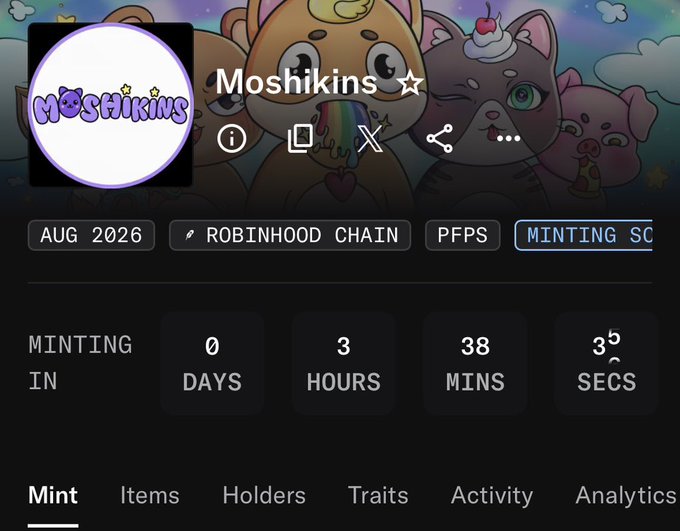 The image shows a countdown timer for the "Moshikins" NFT mint, displaying 0 days, 3 hours, 38 minutes, and 39 seconds remaining on the Robinhood Chain (PFPS category), scheduled for August 2026. This aligns with the post about looking forward to today's free mint of 2,222 Moshikins supply.
