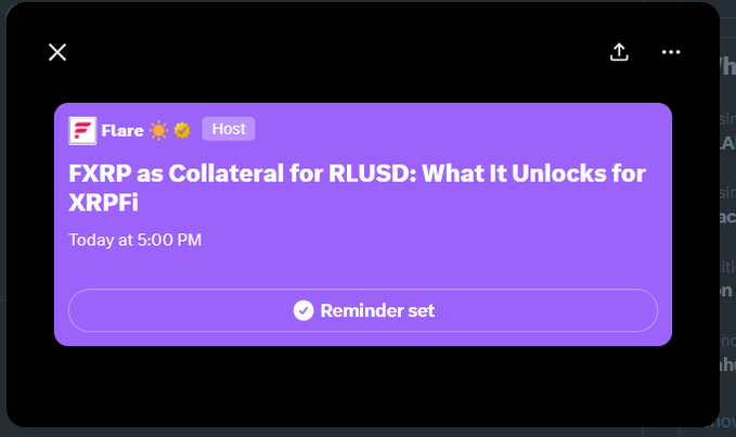 A Twitter/X reminder notification from Flare hosting an event titled 'FXRP as Collateral for RLUSD: What It Unlocks for XRPFi' scheduled for Today at 5:00 PM.