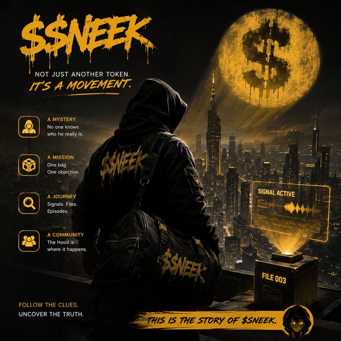 A promotional poster for '$SNEEK' features a hooded figure overlooking a city with a dollar-sign moon, listing features like 'A MYSTERY', 'A MISSION', 'A JOURNEY', and 'A COMMUNITY'.