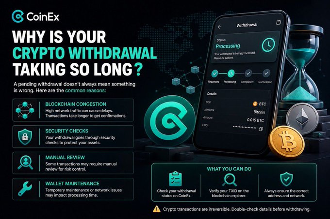 A CoinEx promotional infographic titled "WHY IS YOUR CRYPTO WITHDRAWAL TAKING SO LONG?" explaining reasons like blockchain congestion, security checks, manual review, and wallet maintenance, with an illustration of a withdrawal screen on a phone.