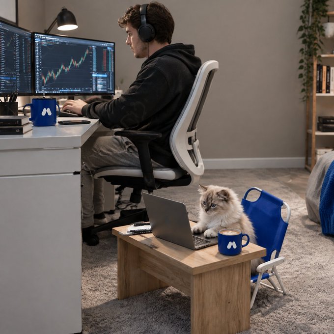 A trader focused on charting software at a dual-monitor workstation shares the scene with his feline companion, who "works" at a tiny desk with a mini laptop and a blue mug matching his owner's, bringing the hashtag #TradingTakesTwo to life with a charming display of teamwork between man and cat.