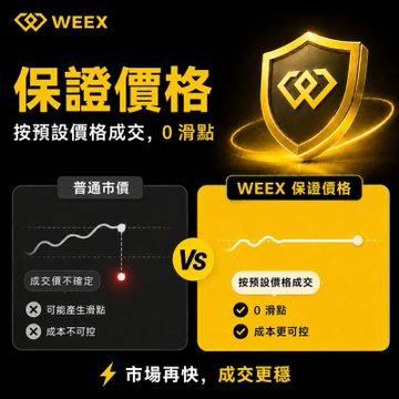 A promotional graphic for WEEX exchange in Chinese, comparing '普通币币' (Regular trading) with 'WEEX 保證價格' (WEEX Guaranteed Price), highlighting zero slippage and cost control features.