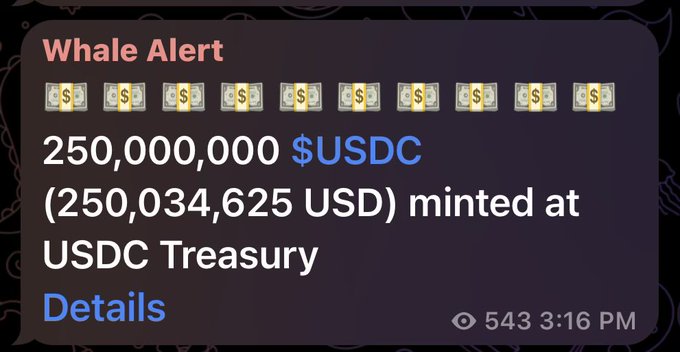 A "Whale Alert" notification shows that 250,000,000 $USDC (250,034,625 USD) was minted at the USDC Treasury, corresponding to the post about +250m $USDC liquidity added on Solana about 10 minutes prior. The amount and timing in the alert directly reflect the liquidity increase mentioned in the post.