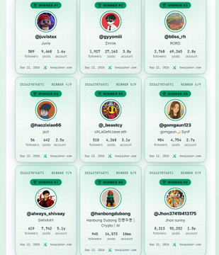 A screenshot showing multiple Instagram account cards with usernames like @jivistax, @nyromii, @ales_rh, @haezinkae66, and others, each displaying follower counts and member statistics.