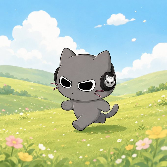A cute gray cartoon cat wearing black headphones with a cat logo runs determinedly through a sunny green meadow filled with wildflowers.